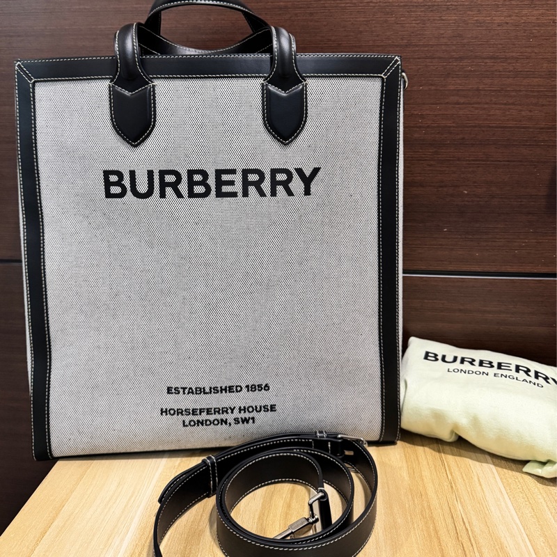 BURBERRY 正品 80379361黑灰帆布2way托特包 斜背包 公事包 休閒包-0
