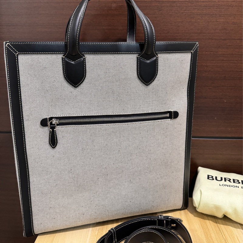 BURBERRY 正品 80379361黑灰帆布2way托特包 斜背包 公事包 休閒包-6