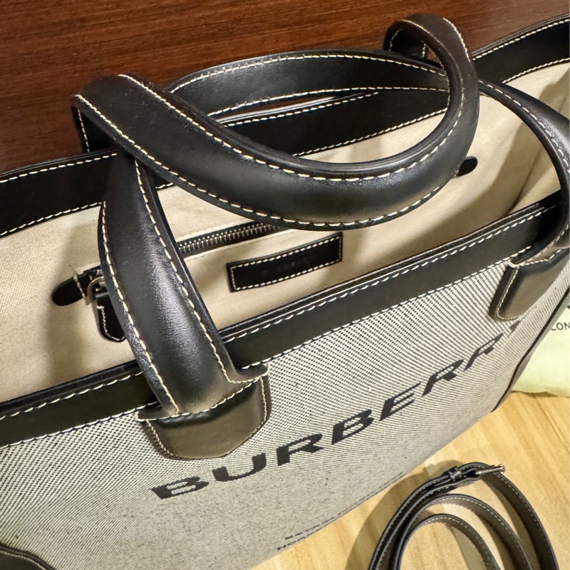 BURBERRY 正品 80379361黑灰帆布2way托特包 斜背包 公事包 休閒包-9