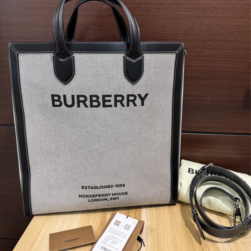 BURBERRY 正品 80379361黑灰帆布2way托特包 斜背包 公事包 休閒包-11