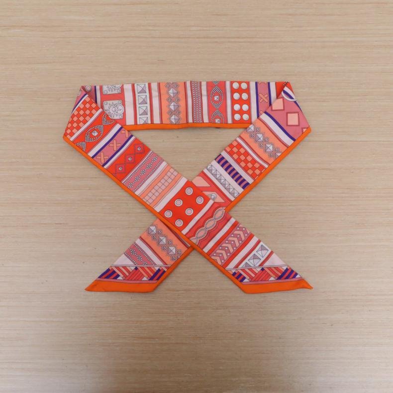 印花 桑蠶絲 橙色 twilly小絲巾-0