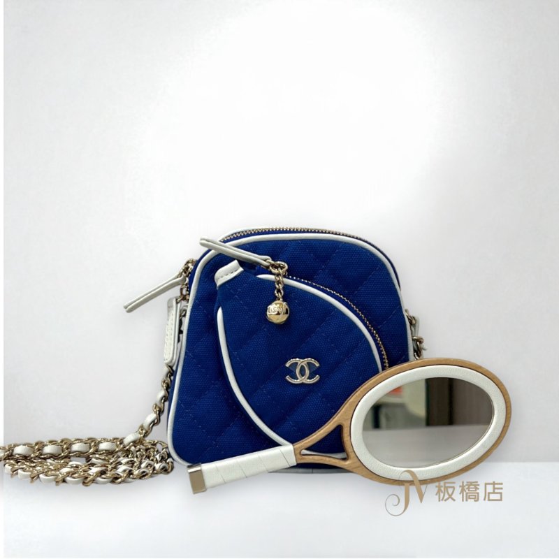 CHANEL包包 網球拍拚藍色帆布白滾邊鍊條包-2
