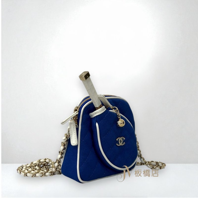 CHANEL包包 網球拍拚藍色帆布白滾邊鍊條包-4