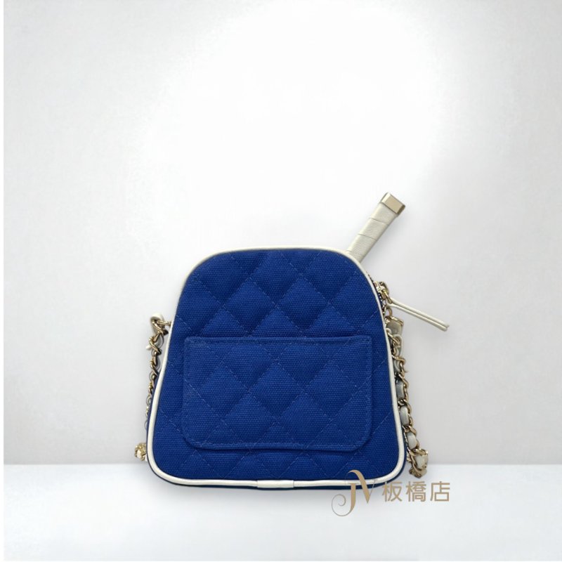 CHANEL包包 網球拍拚藍色帆布白滾邊鍊條包-5