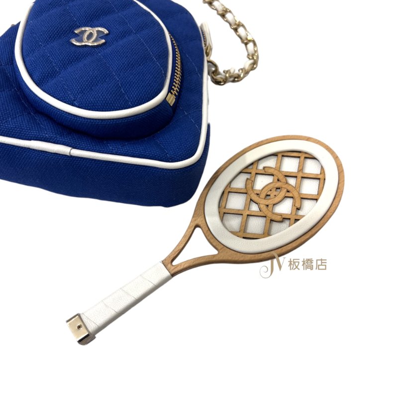CHANEL包包 網球拍拚藍色帆布白滾邊鍊條包-7
