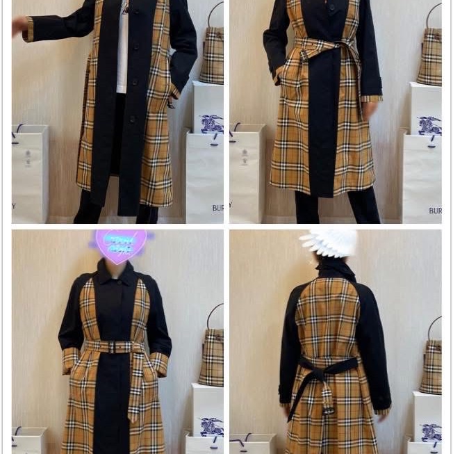 BURBERRY英國格紋拼接黑色風衣UK4-0