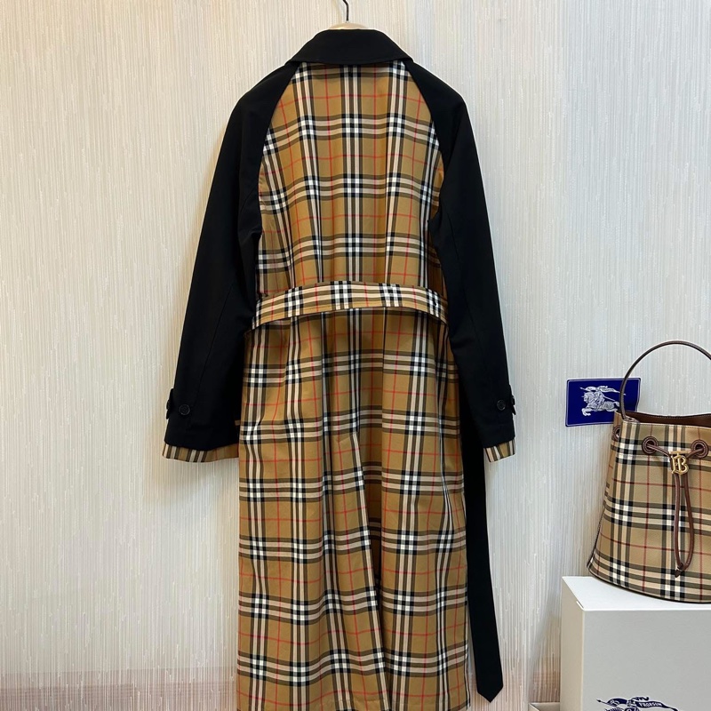 BURBERRY英國格紋拼接黑色風衣UK4-2
