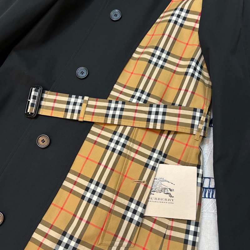 BURBERRY英國格紋拼接黑色風衣UK4-3