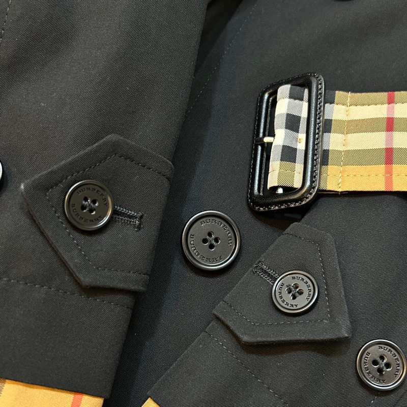 BURBERRY英國格紋拼接黑色風衣UK4-6