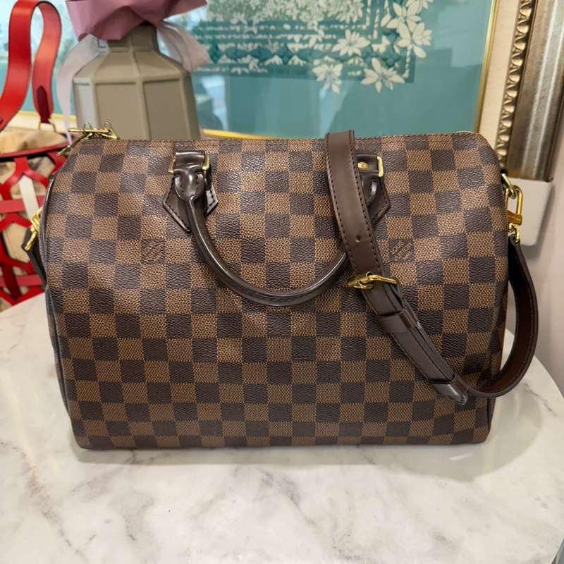 LV 咖棋盤格speedy30金釦手提肩斜背包-0