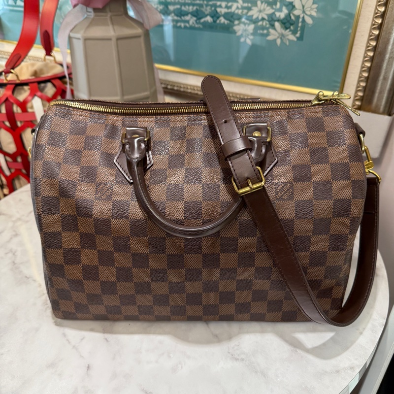 LV 咖棋盤格speedy30金釦手提肩斜背包-1
