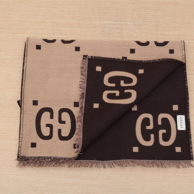 GG 大LOGO提花圍巾 淺咖色 羊毛/桑蠶絲 大LOGO羊毛提花圍巾 35*190CM-1