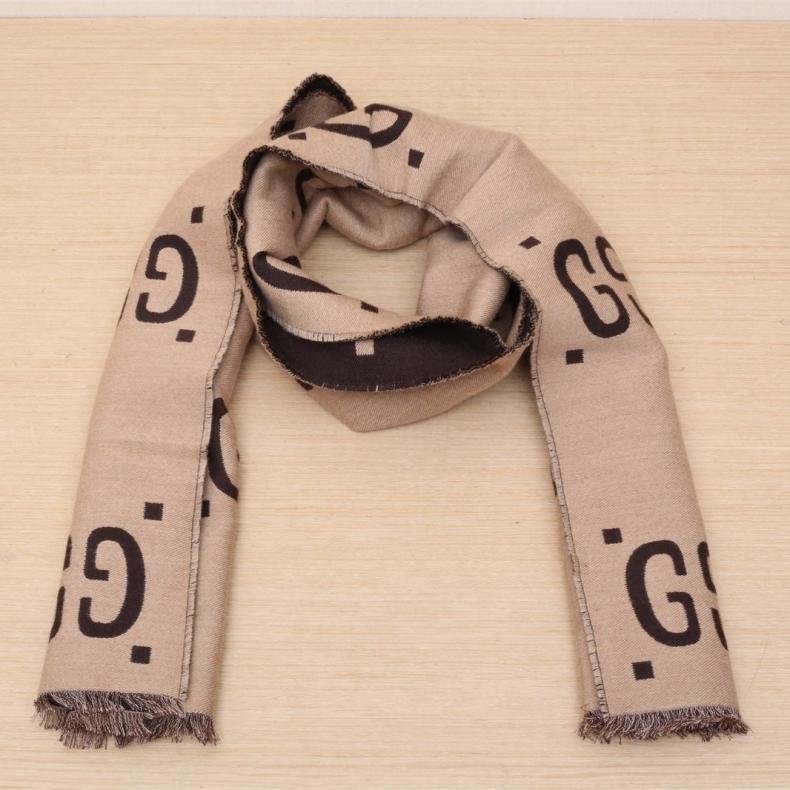 GG 大LOGO提花圍巾 淺咖色 羊毛/桑蠶絲 大LOGO羊毛提花圍巾 35*190CM-5