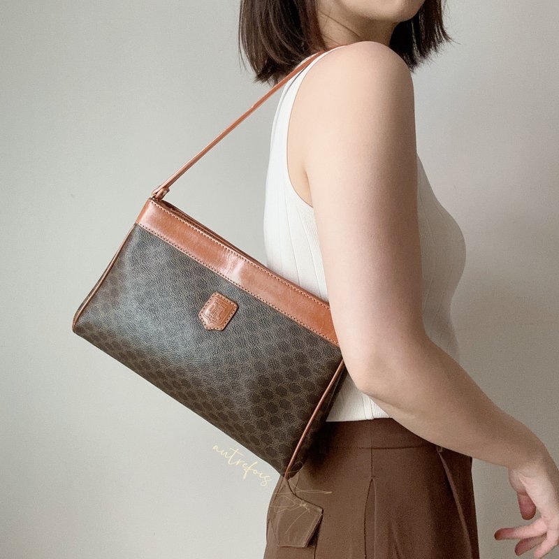 中古Celine Macadam老花腋下包 單肩包 手提包 棕色真皮-0