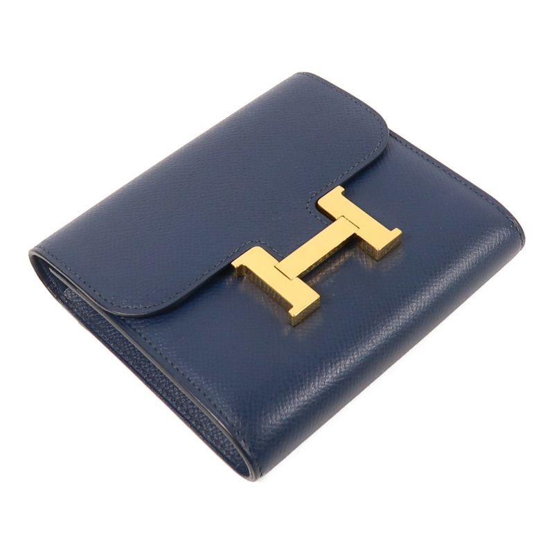HERMES Epsom皮革Constance Compact Wallet金扣錢包Bleu Saphir-2