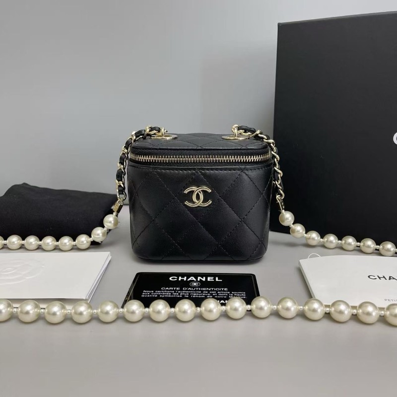 配件全套💓Chanel香奈兒 黑金全皮菱格迷你珍珠鏈條盒子包 31開 肩背包斜背包-0