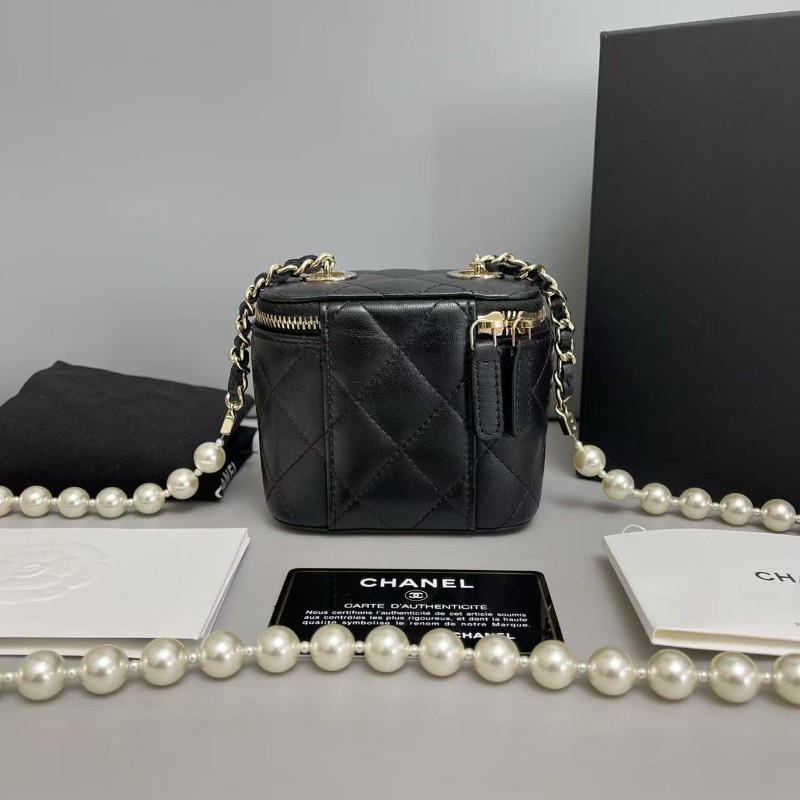 配件全套💓Chanel香奈兒 黑金全皮菱格迷你珍珠鏈條盒子包 31開 肩背包斜背包-1