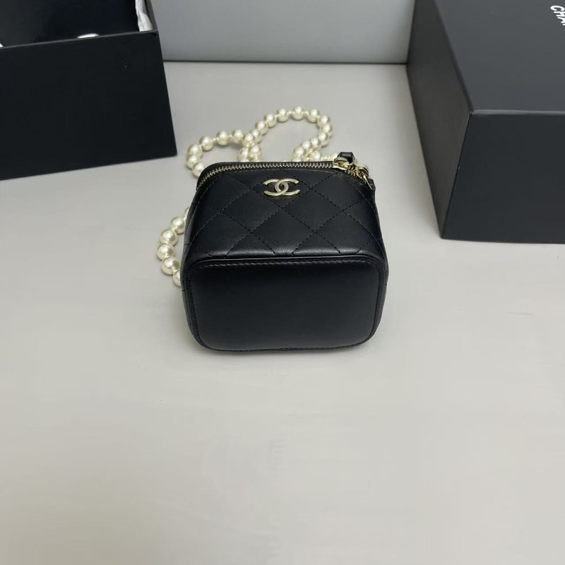 配件全套💓Chanel香奈兒 黑金全皮菱格迷你珍珠鏈條盒子包 31開 肩背包斜背包-3