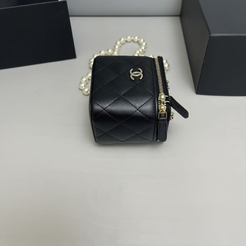 配件全套💓Chanel香奈兒 黑金全皮菱格迷你珍珠鏈條盒子包 31開 肩背包斜背包-4
