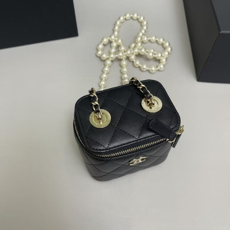 配件全套💓Chanel香奈兒 黑金全皮菱格迷你珍珠鏈條盒子包 31開 肩背包斜背包-5