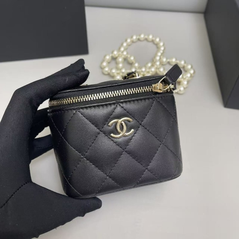 配件全套💓Chanel香奈兒 黑金全皮菱格迷你珍珠鏈條盒子包 31開 肩背包斜背包-6