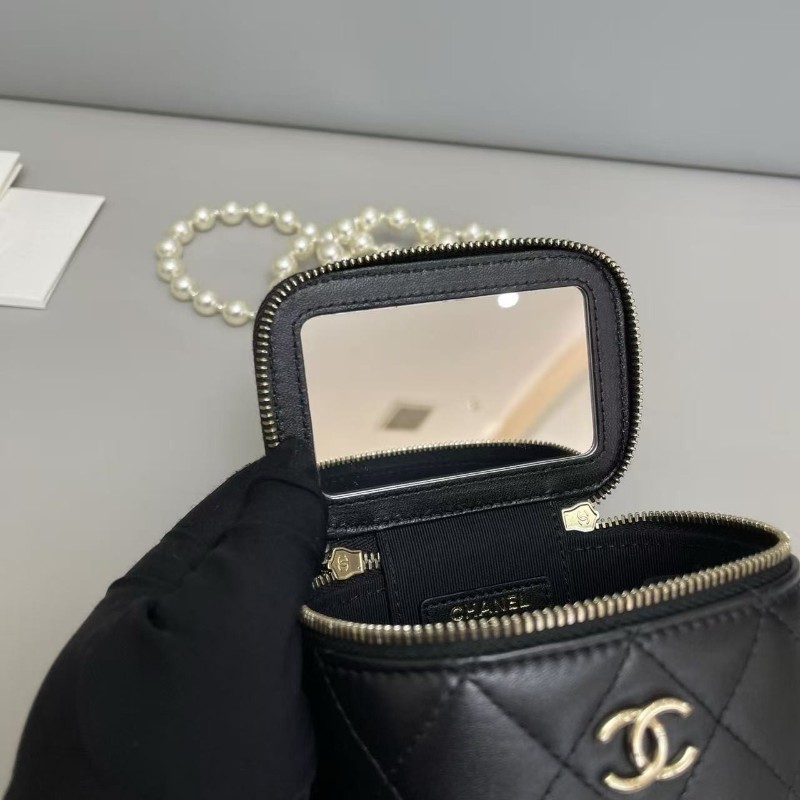 配件全套💓Chanel香奈兒 黑金全皮菱格迷你珍珠鏈條盒子包 31開 肩背包斜背包-7