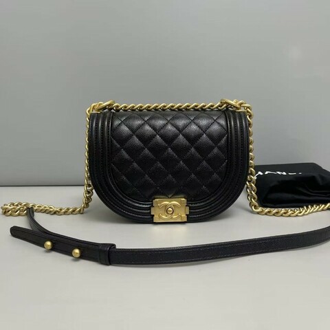 Chanel香奈兒 leboy黑金牛皮荔枝紋馬鞍包 晶片款
