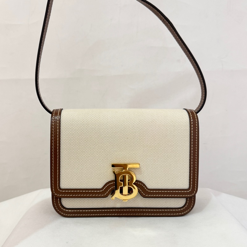 Burberry棕皮邊白帆布金釦TB斜背包-0