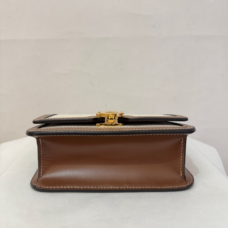 Burberry棕皮邊白帆布金釦TB斜背包-4