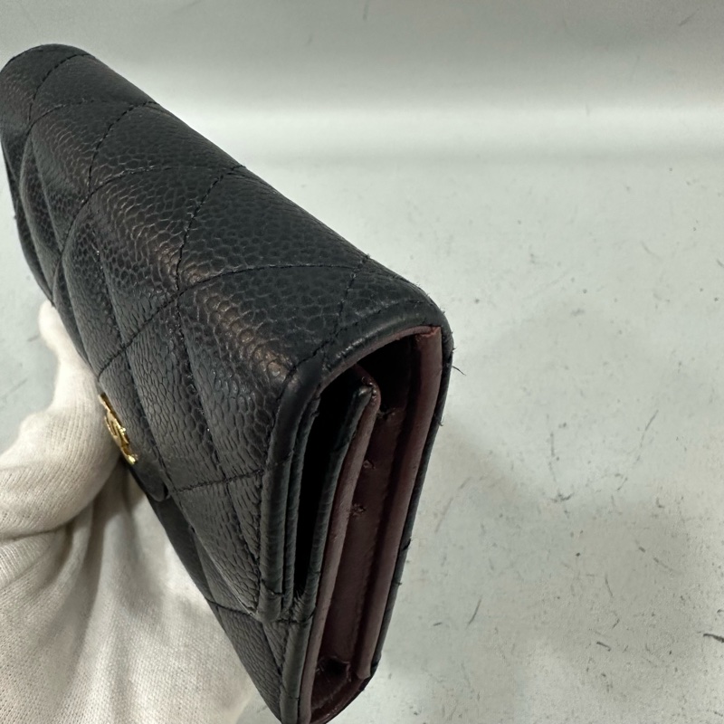 chanel A82288 黑荔枝皮金釦三折短夾-4