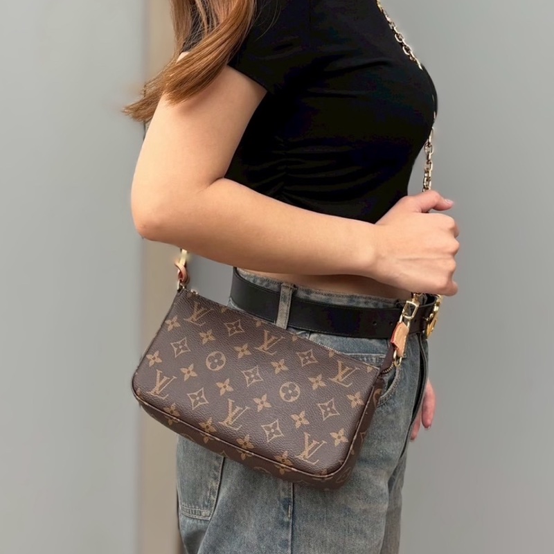 🌟新款可斜背麻將包🌟LV 原花PochetteAccessoires金釦肩斜背麻將包-6