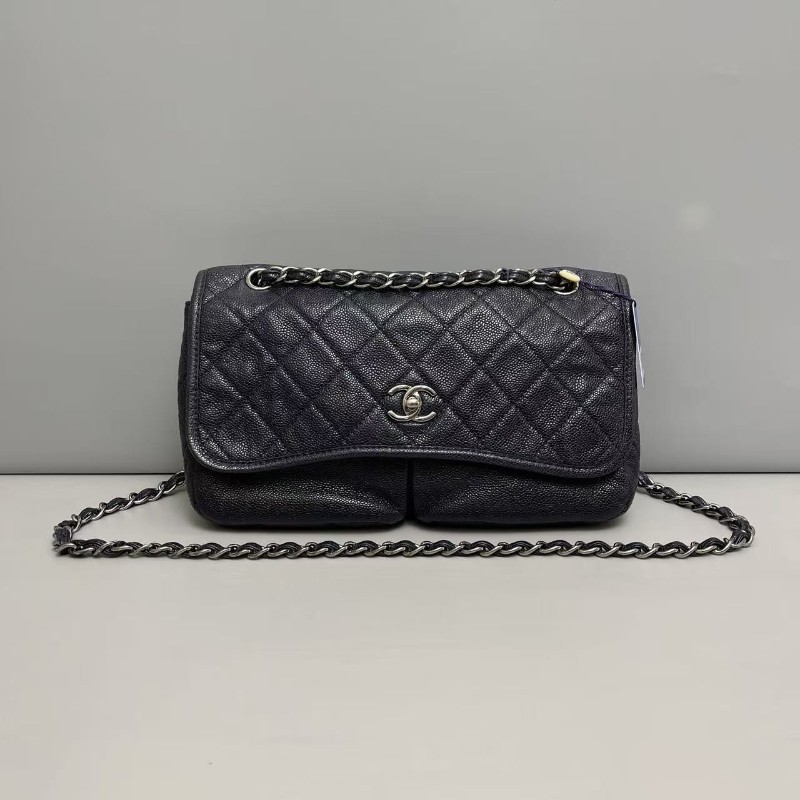 Chanel香奈兒 深藍色牛皮荔枝紋雙口袋cf機場包 20開 肩背包斜背包-0