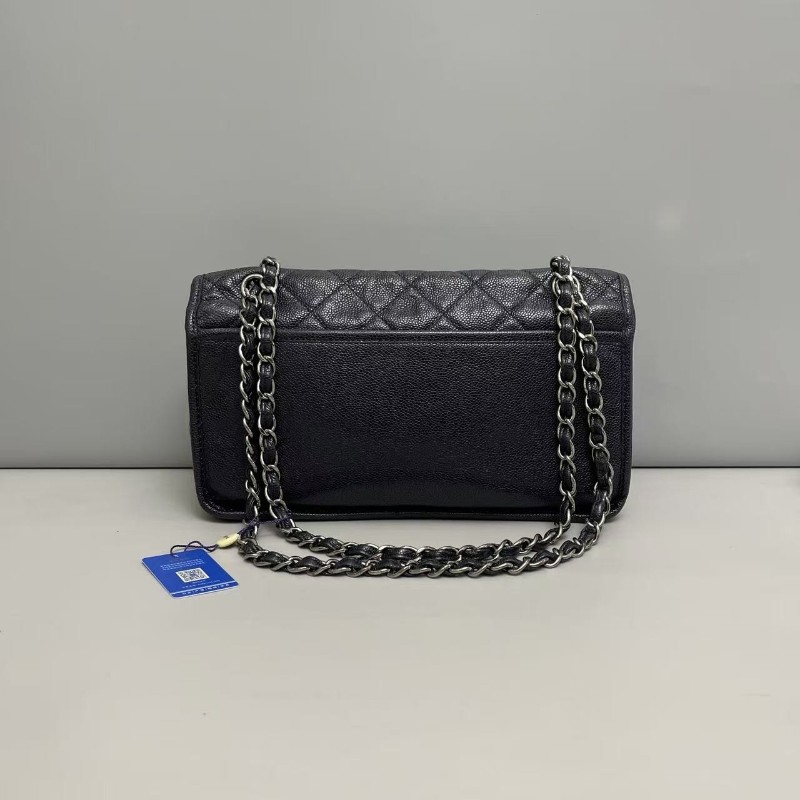 Chanel香奈兒 深藍色牛皮荔枝紋雙口袋cf機場包 20開 肩背包斜背包-1