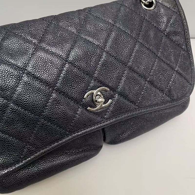 Chanel香奈兒 深藍色牛皮荔枝紋雙口袋cf機場包 20開 肩背包斜背包-2