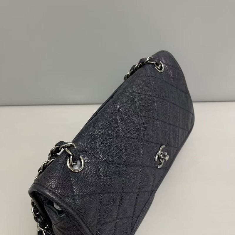 Chanel香奈兒 深藍色牛皮荔枝紋雙口袋cf機場包 20開 肩背包斜背包-3