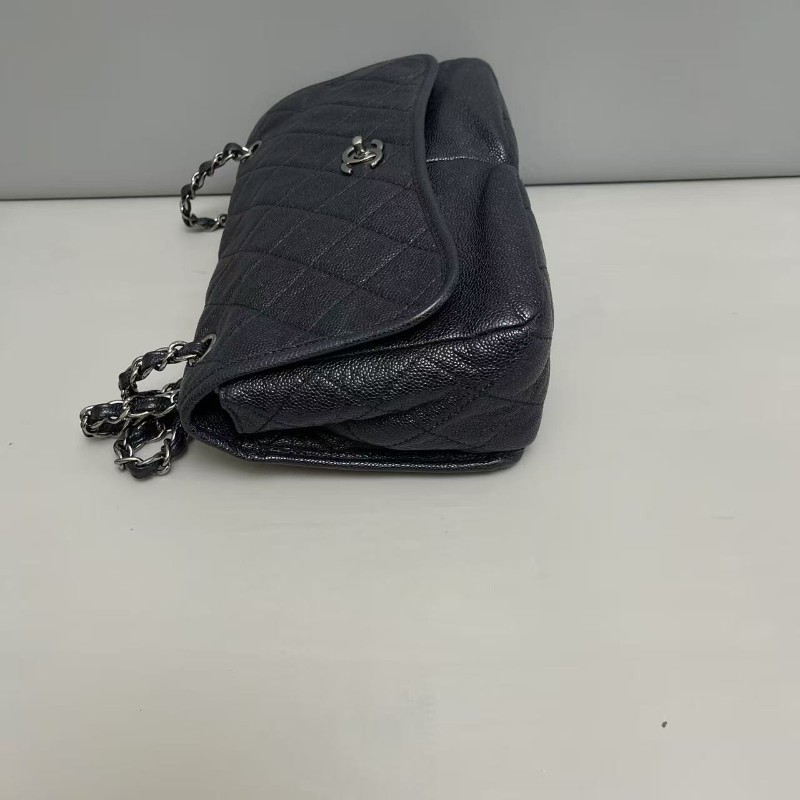 Chanel香奈兒 深藍色牛皮荔枝紋雙口袋cf機場包 20開 肩背包斜背包-4