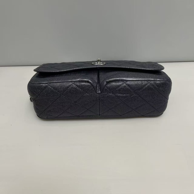 Chanel香奈兒 深藍色牛皮荔枝紋雙口袋cf機場包 20開 肩背包斜背包-5