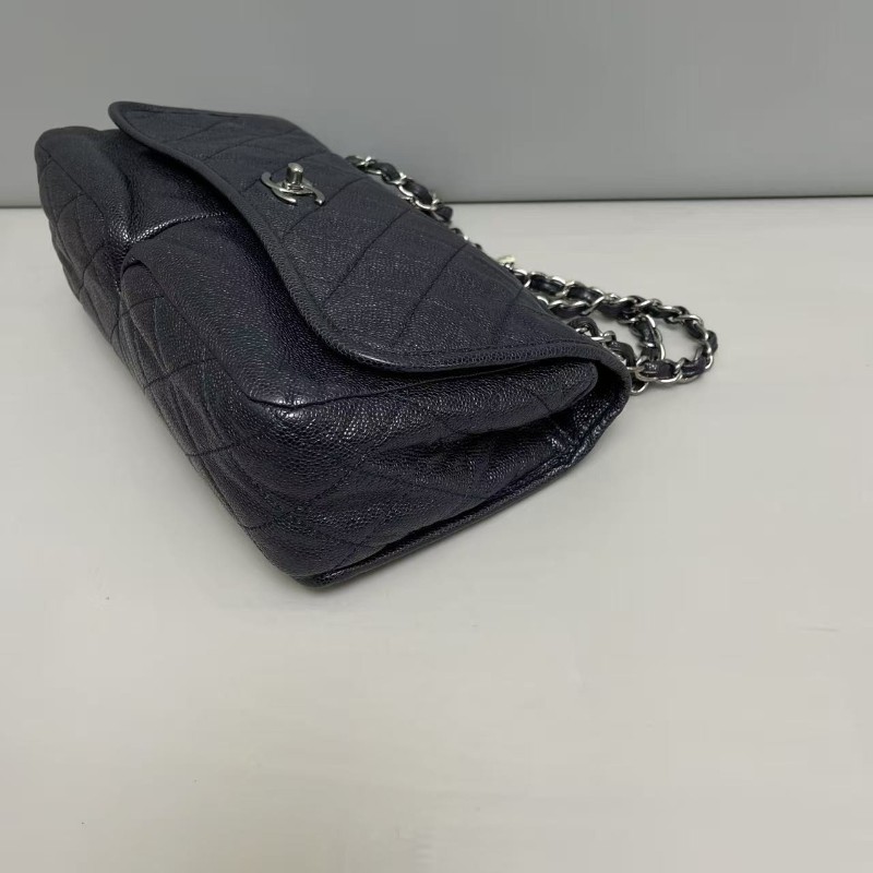 Chanel香奈兒 深藍色牛皮荔枝紋雙口袋cf機場包 20開 肩背包斜背包-6