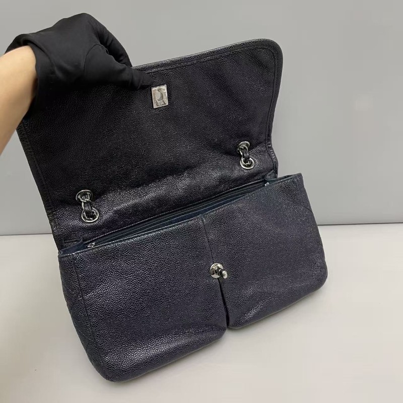 Chanel香奈兒 深藍色牛皮荔枝紋雙口袋cf機場包 20開 肩背包斜背包-7