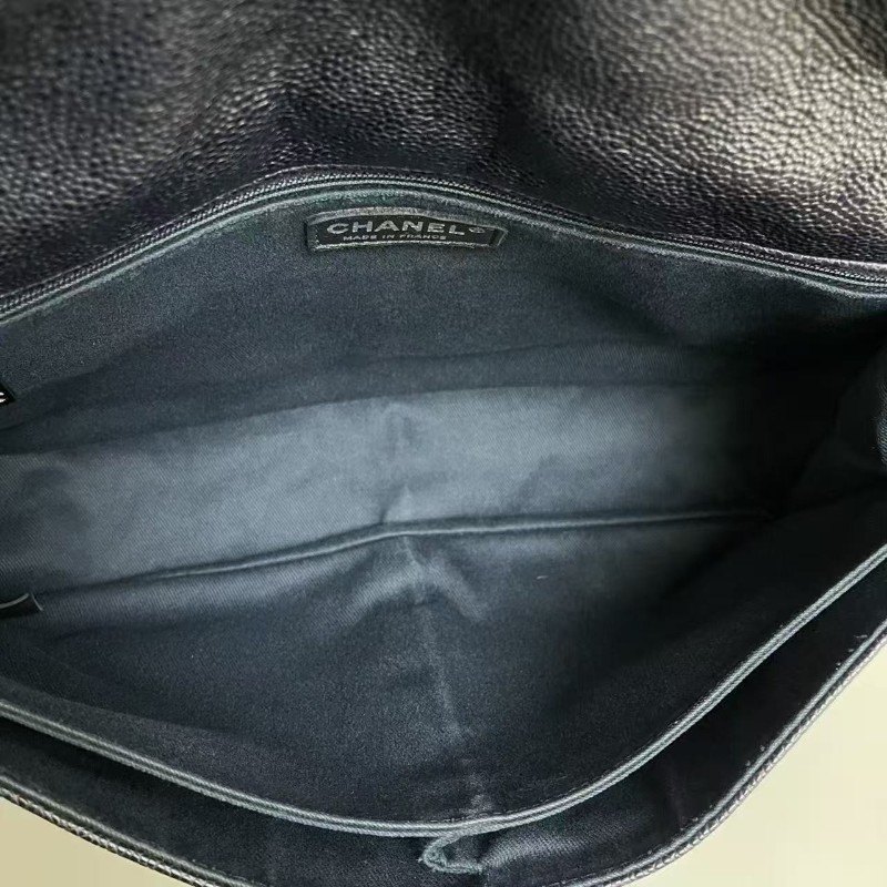 Chanel香奈兒 深藍色牛皮荔枝紋雙口袋cf機場包 20開 肩背包斜背包-8