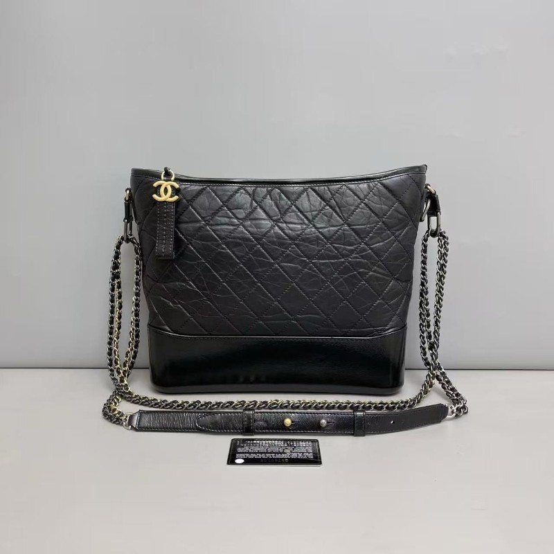Chanel香奈兒 黑金全皮菱格大號流浪包 25開 肩背包-0