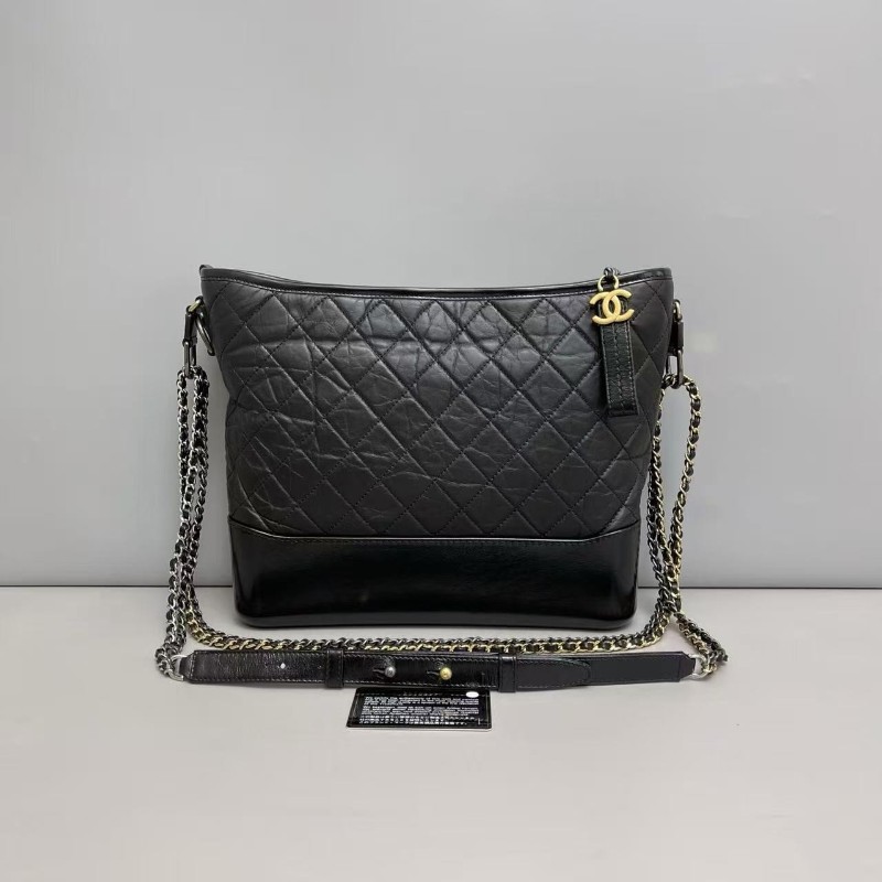 Chanel香奈兒 黑金全皮菱格大號流浪包 25開 肩背包-1