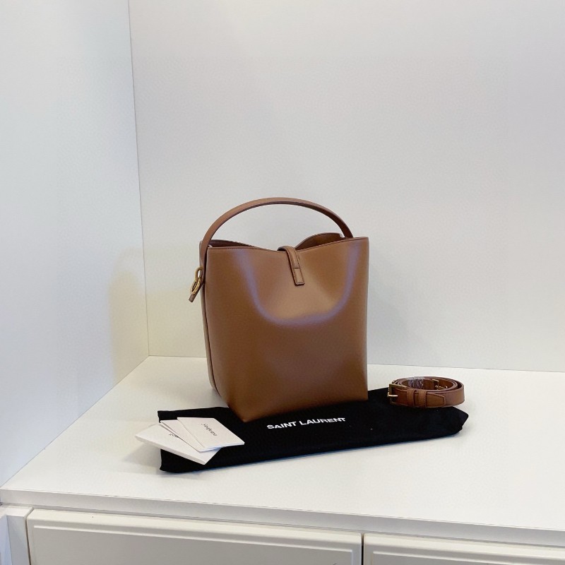 YSL聖羅蘭 Le37 Bucket新款水桶包 浪漫秋色🍂焦糖色光面牛皮金扣 中號 手提包-1