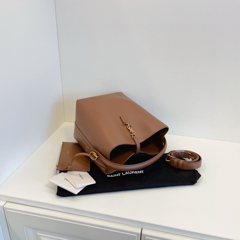 YSL聖羅蘭 Le37 Bucket新款水桶包 浪漫秋色🍂焦糖色光面牛皮金扣 中號 手提包-3