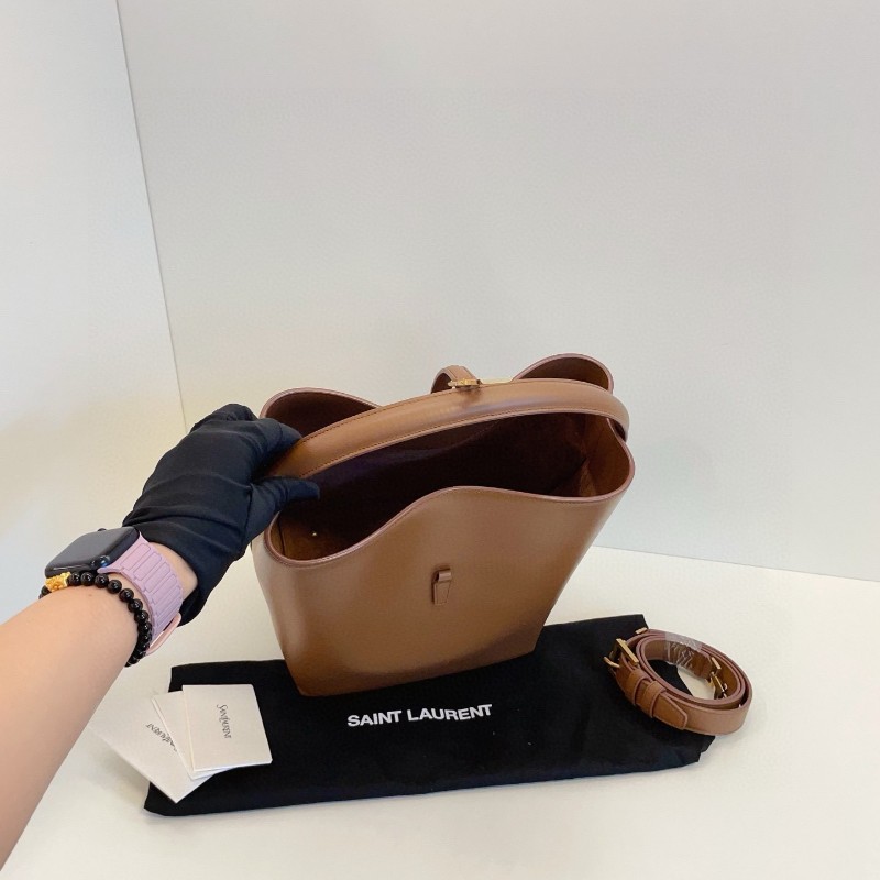 YSL聖羅蘭 Le37 Bucket新款水桶包 浪漫秋色🍂焦糖色光面牛皮金扣 中號 手提包-5