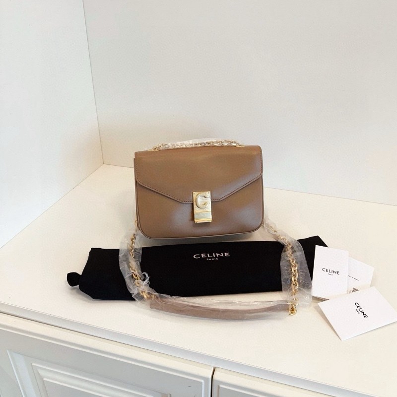 Celine C bag box皮 焦糖色金扣 豆腐包 肩背包斜背包-0