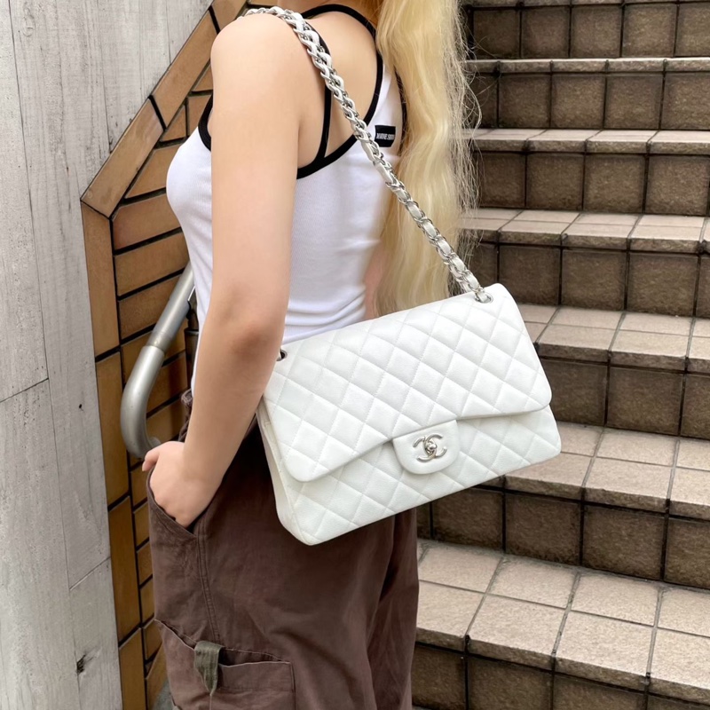 「JL精品代購」極新 Chanel白銀荔枝牛皮荔枝牛皮Jumbo cf 30 雙鏈條雙翻蓋包-1