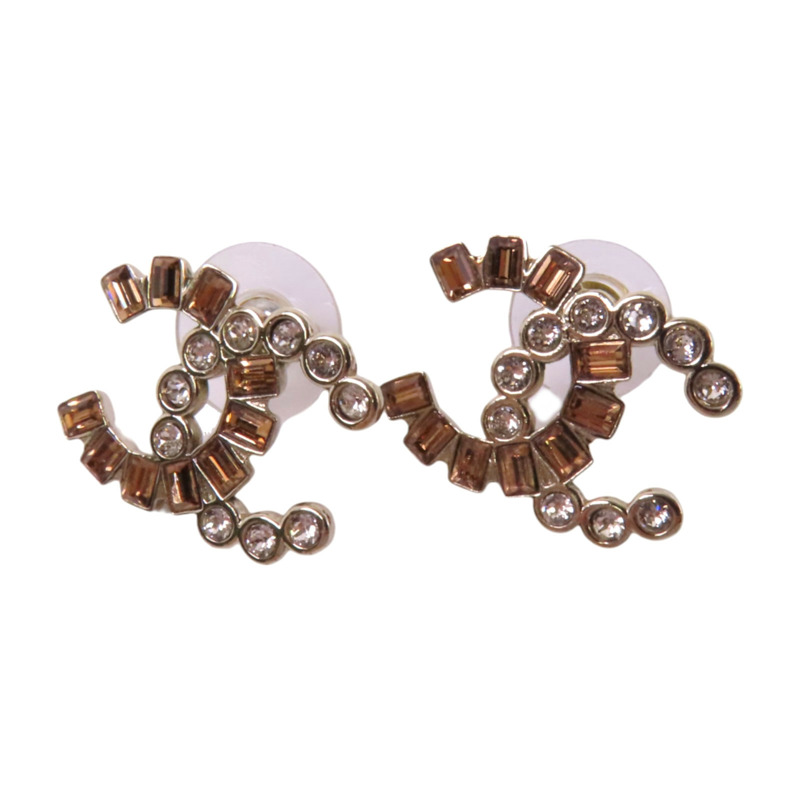 CHANEL 金屬/水鑽CC Earrings銀扣耳環-1