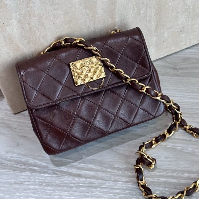 CHANEL vintage 咖啡色金牌中古小鏈條包-0