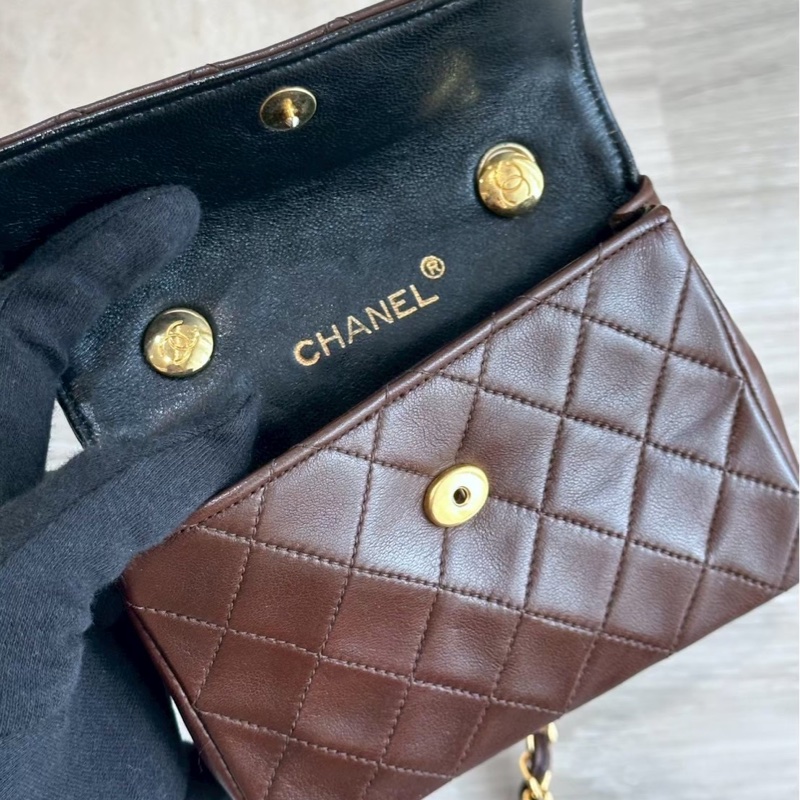 CHANEL vintage 咖啡色金牌中古小鏈條包-5